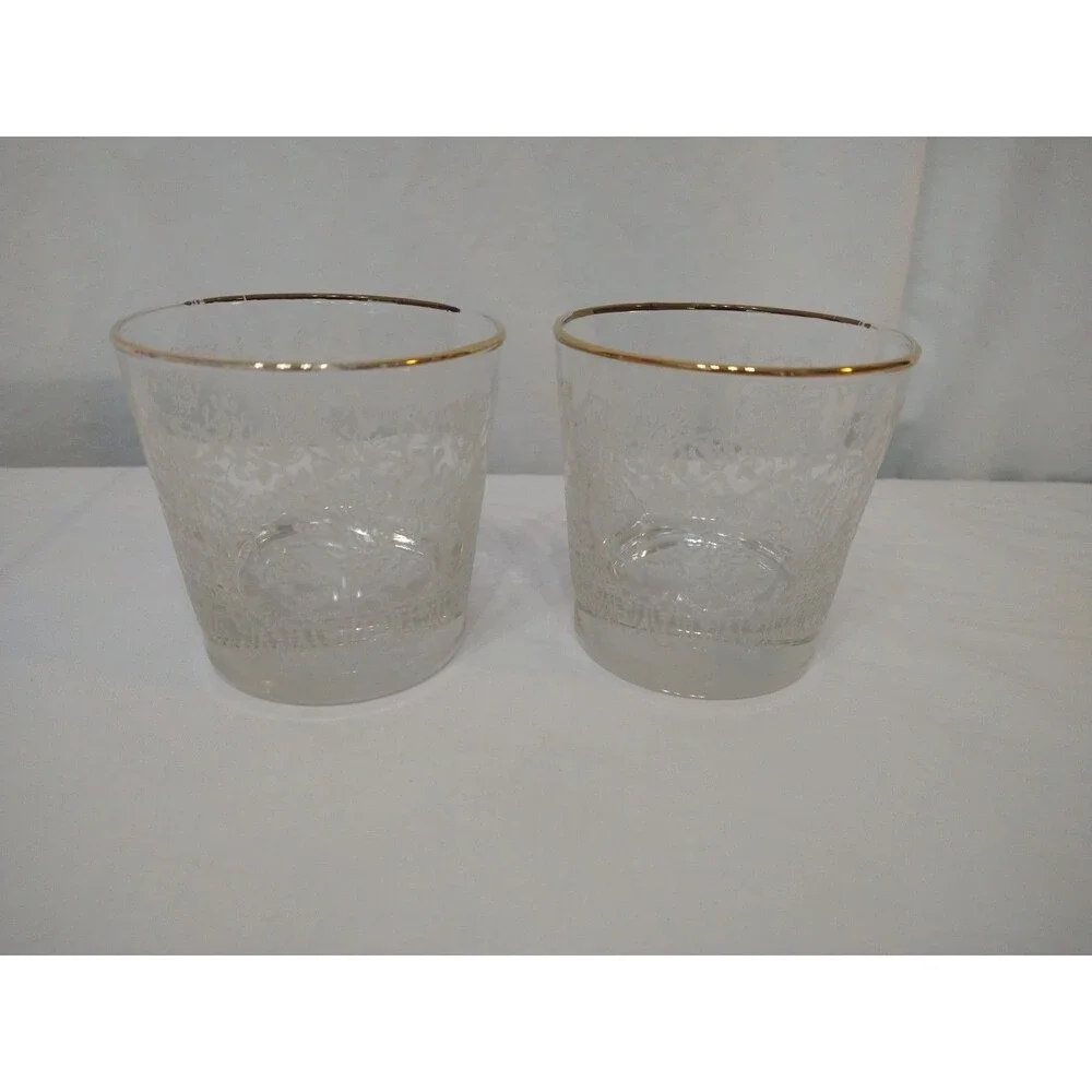 Set of 2 Vintage Gold Band Rim Whiskey Glasses Raised Floral Etch Old Fashioned
